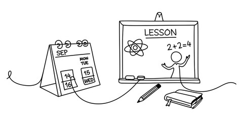 Hand drawn calendar and classroom blackboard with science lesson doodles and school supplies like a pencil and notebook for educational concepts © DCB Line Stocker