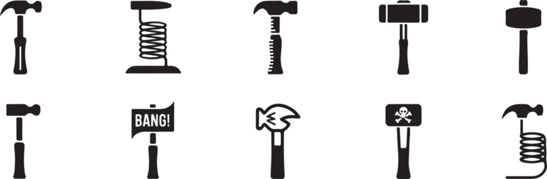 Set of hammer icons. collection of black blacksmith, sledgehammer, and mallet symbols in various shapes.