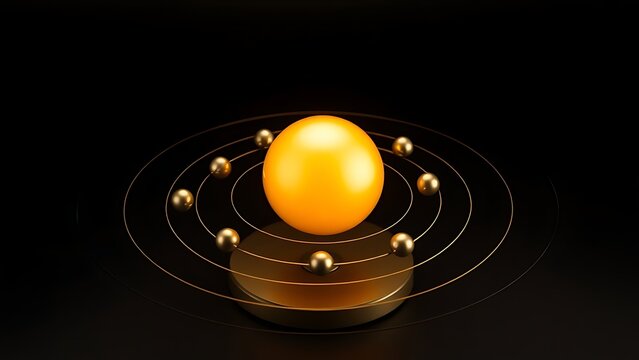 Heliocentric model with a golden central sphere and smaller spheres on concentric circular orbits.