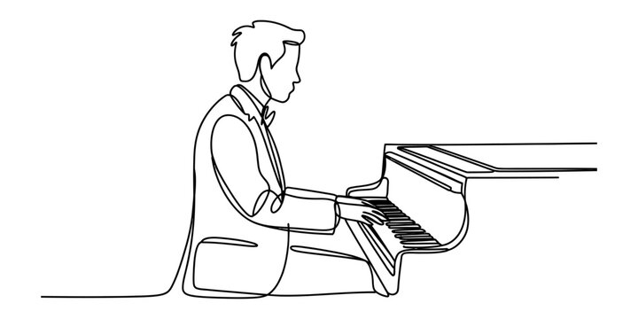 Continuous single line drawing of a man playing a grand piano as a professional musician in a formal suit performing classical music at a concert