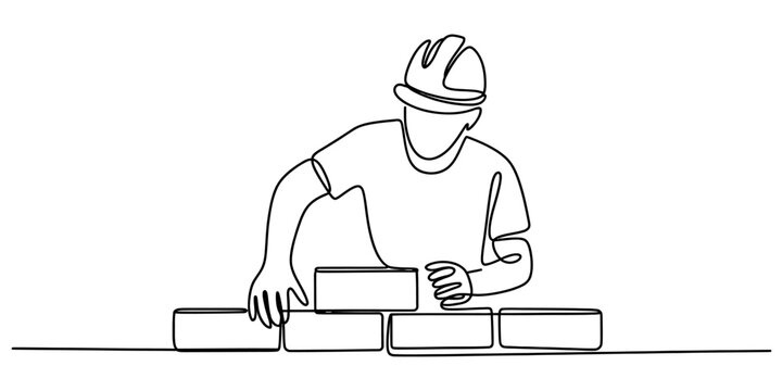Construction worker building a brick wall drawn in a continuous single line art style