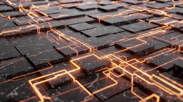 Abstract Geometric Matrix with Shifting Amber and Orange Light Lines 