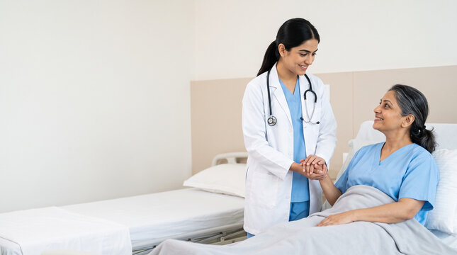 attractive indian female doctor holding hands with middle aged patient in hospital room representing compassionate healthcare and recovery support