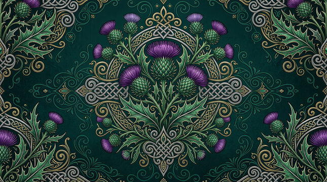 Scottish thistle celtic ornament in emerald green and gold, rich traditional scottish design, intricate floral pattern.