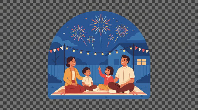 Family enjoying fireworks on a picnic.
