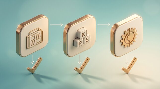 Process Flow Visualization: A clean, modern graphic illustrating a three-step process with golden icons representing a document, blocks with letters, and a sun-like gear.