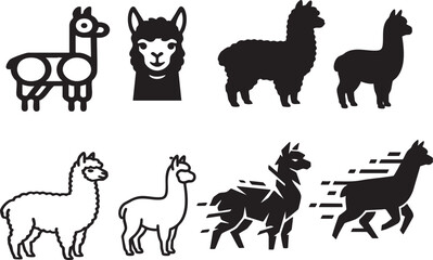 Obraz premium Collection of various llama, 8 llama silhouettes and line art