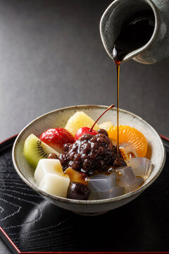 Traditional Japanese anmitsu dessert bowl with kuromitsu black sugar syrup wagashi summer