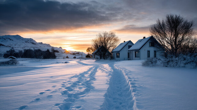 Beautiful view of winter landscape cold frosty day among mountains and warm cozy house in modern style. Rest, vacation, winter holidays away from city bustle. Relaxation and peace, winter background