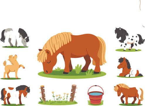 Cute Pony and Miniature Horse Vector Icon Set Featuring Little Foals Grazing Steed Wooden Fence and Water Bucket Farm Elements