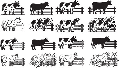 Obraz premium Collection of cow silhouettes and illustrations near wooden fences in various styles, 8 cows silhouettes