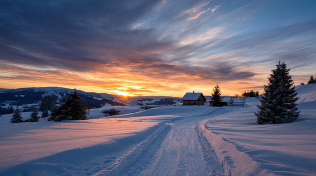 Beautiful view of winter landscape cold frosty day among mountains and warm cozy house in modern style. Rest, vacation, winter holidays away from city bustle. Relaxation and peace, winter background