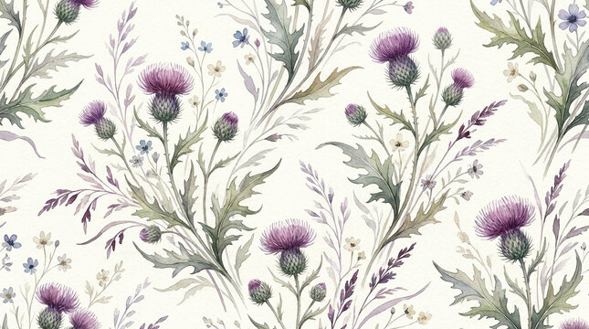 Seamless watercolor scottish thistle and wild flowers pattern, gentle botanical illustration on white background.