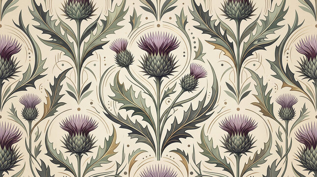 Symmetrical thistle floral design with purple blossoms and art nouveau style elements.