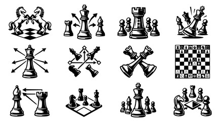 Chess Game Icons Set: Strategy, Tactics, Pieces, Board, and Gameplay Elements © Akun