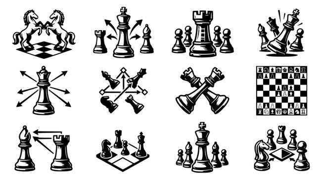 Chess Game Icons Set: Strategy, Tactics, Pieces, Board, and Gameplay Elements