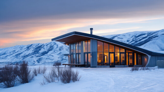 Beautiful view of winter landscape cold frosty day among mountains and warm cozy house in modern style. Rest, vacation, winter holidays away from city bustle. Relaxation and peace, winter background