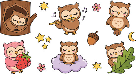 Cute Cartoon Owls Collection Tree Hollow Flute Playing Pink Owl and Bedtime Cloud Vector Clipart Set © Jasmin
