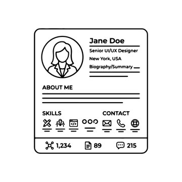Minimalist business card, professional resume, vector template, black and white design, UX UI developer profile