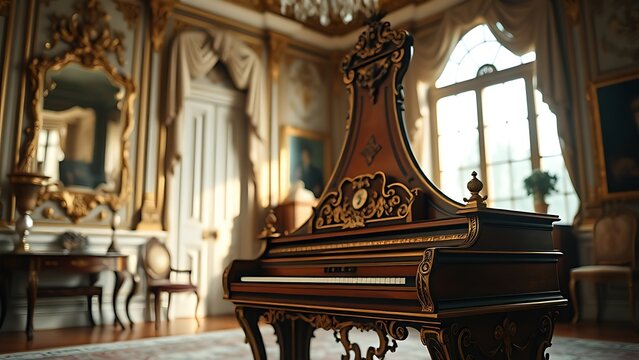 An ornate harpsichord in a palatial room bathed in soft light.