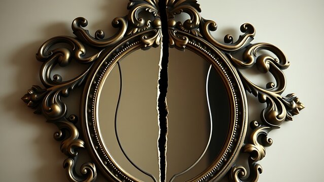 An ornate family crest mirror with a deep crack splitting it in half.
