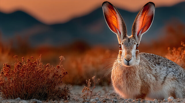 Black tailed jackrabbit wildlife photography close up portrait during desert sunset images