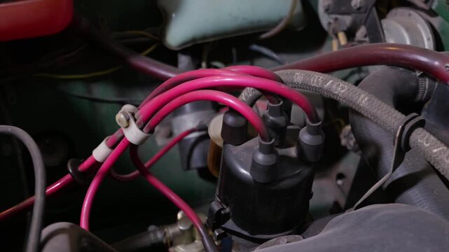 Red ignition spark plug wires are connected to a black distributor cap inside a vehicle engine compartment. The vintage engine bay features a fuel filter and mechanical components.