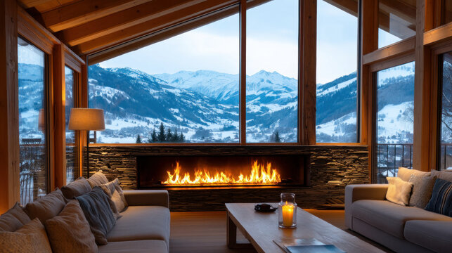Beautiful view of winter landscape cold frosty day among mountains and warm cozy house in modern style. Rest, vacation, winter holidays away from city bustle. Relaxation and peace, winter background
