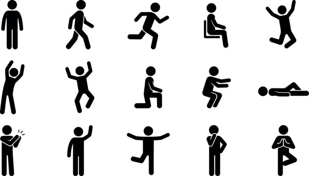 Pixel perfect vector solid human figures set featuring diverse action poses and gestures