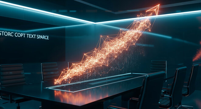 3D rendered glowing polygonal orange growth arrow projected over a modern dark conference room table, suitable for business growth campaigns