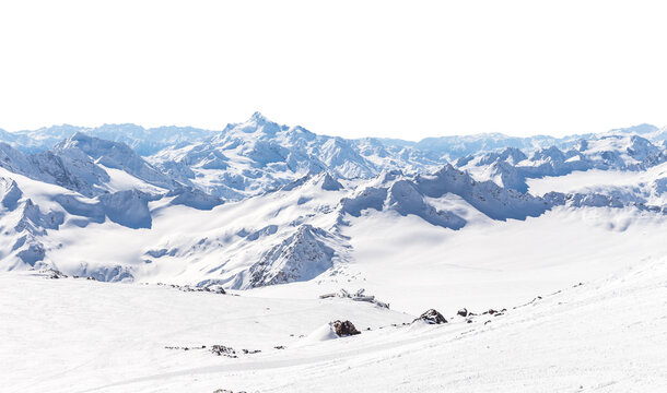 Panorama of winter mountains covered in snow isolated on white background