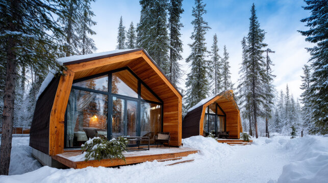 Beautiful view of winter landscape cold frosty day among mountains and warm cozy house in modern style. Rest, vacation, winter holidays away from city bustle. Relaxation and peace, winter background