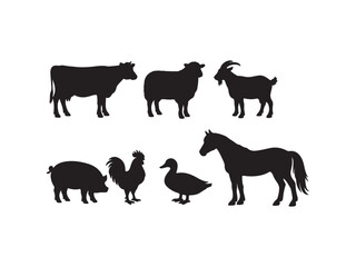 Fototapeta premium Farm animal silhouettes set including cow sheep goat pig rooster duck and horse