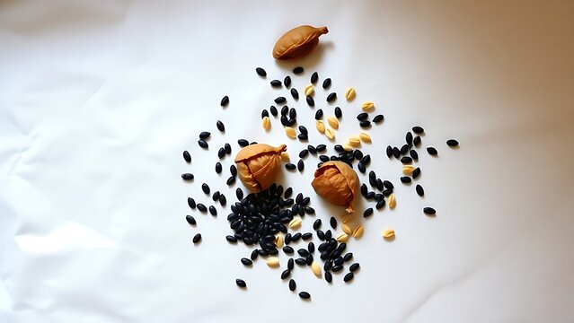 Dried sesame pods and spilled seeds on white linen, overhead view.