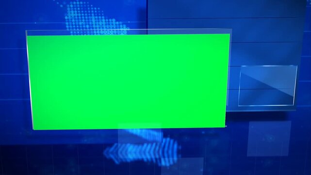 Futuristic Blue News Studio Loop Background with Green Screen Chroma Key Monitor and Glass Panel Overlay
