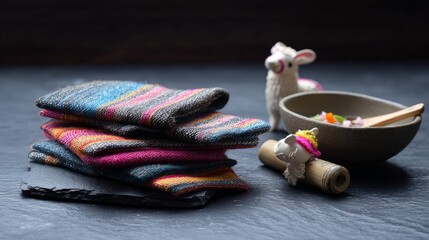 Obraz premium ceviche. Peruvian Independence Day bundle: ceviche, wool textiles, llama figurine, and pan flute on slate surface. event programs. 