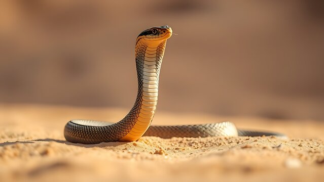 An Egyptian cobra raised on hot sand, scales glinting in sunlight.