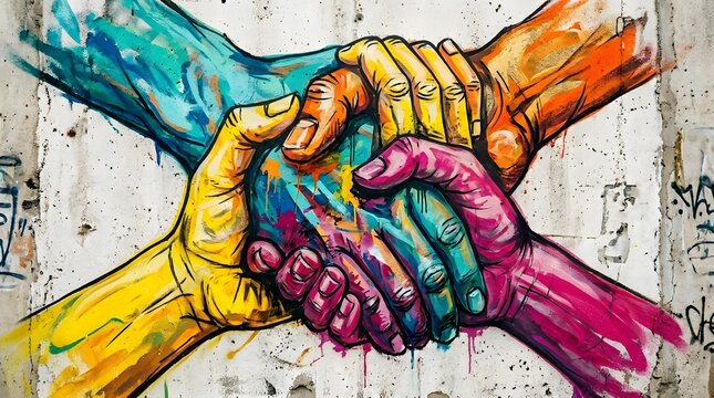 Vibrant graffiti art of interconnected hands on concrete wall