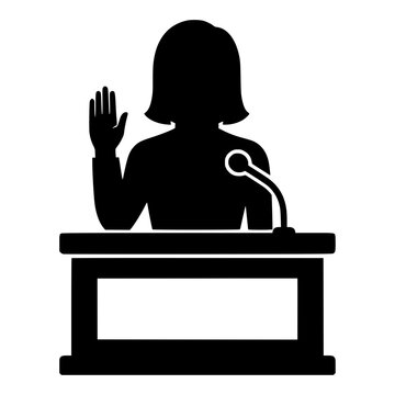 Female Witness Taking Oath at Court Stand with Raised Hand, Black Silhouette Icon for Legal Testimony