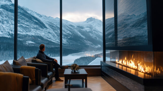 Beautiful view of winter landscape cold frosty day among mountains and warm cozy house in modern style. Rest, vacation, winter holidays away from city bustle. Relaxation and peace, winter background