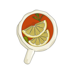a glass cup of tea with lemon slices and mint leaf. Drink and sitrus fruit issolated on white © ita