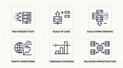 Naklejka premium Scalable infrastructure icons illustrate server traffic monitoring and threshold exceeded alerts for balanced systems with high request rates