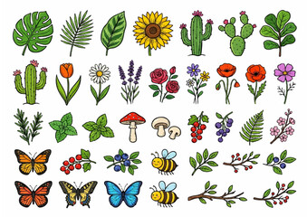 Obraz premium Botanical Nature Elements Collection with Leaves Flowers Herbs and Wild Plants Vector