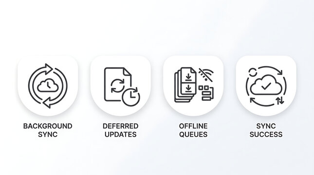 Sync icons illustrate background sync, offline queues, deferred updates, and sync success on a technological device interface.