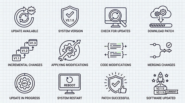 A detailed illustration of a software update process on a computer screen with various icons and symbols.