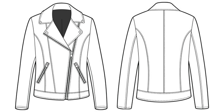 Asymmetrical zipper jacket sketch, notched lapel collar design, stylish outerwear garment outline, modern apparel technical drawing, clothing vector illustration, flat vector illustration