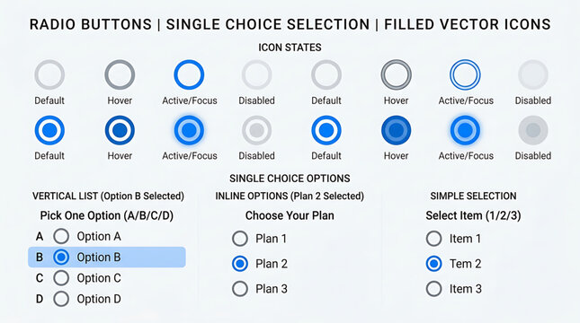 Interface screenshot displays radio buttons and single choice selection options