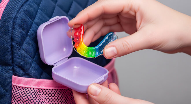 Close-up of hands holding a rainbow orthodontic retainer over a purple case, next to a backpack, ideal for dental care, child orthodontics and personal hygiene promotion
