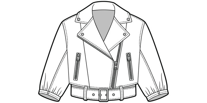 Biker jacket fashion sketch, asymmetrical zipper design, notched lapel collar outline, belted waist detail, front view drawing, flat vector illustration, garment silhouette artwork