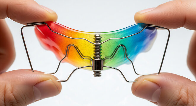Close-up of rainbow-colored dental retainer held by fingers, vibrant and detailed, perfect for orthodontic clinics, dental education materials, and health and wellness articles